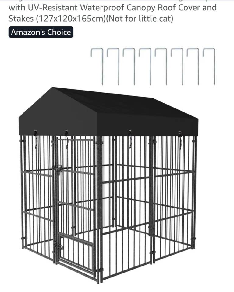 Dog play pen outdoors with rain and sun protector.