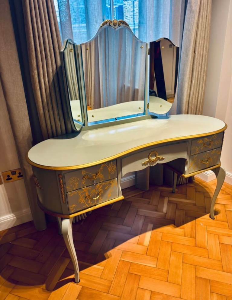 Quick Sale — French Louis XV Pale Green/Grey & Gold Dressing Table, Mirror & Stool
