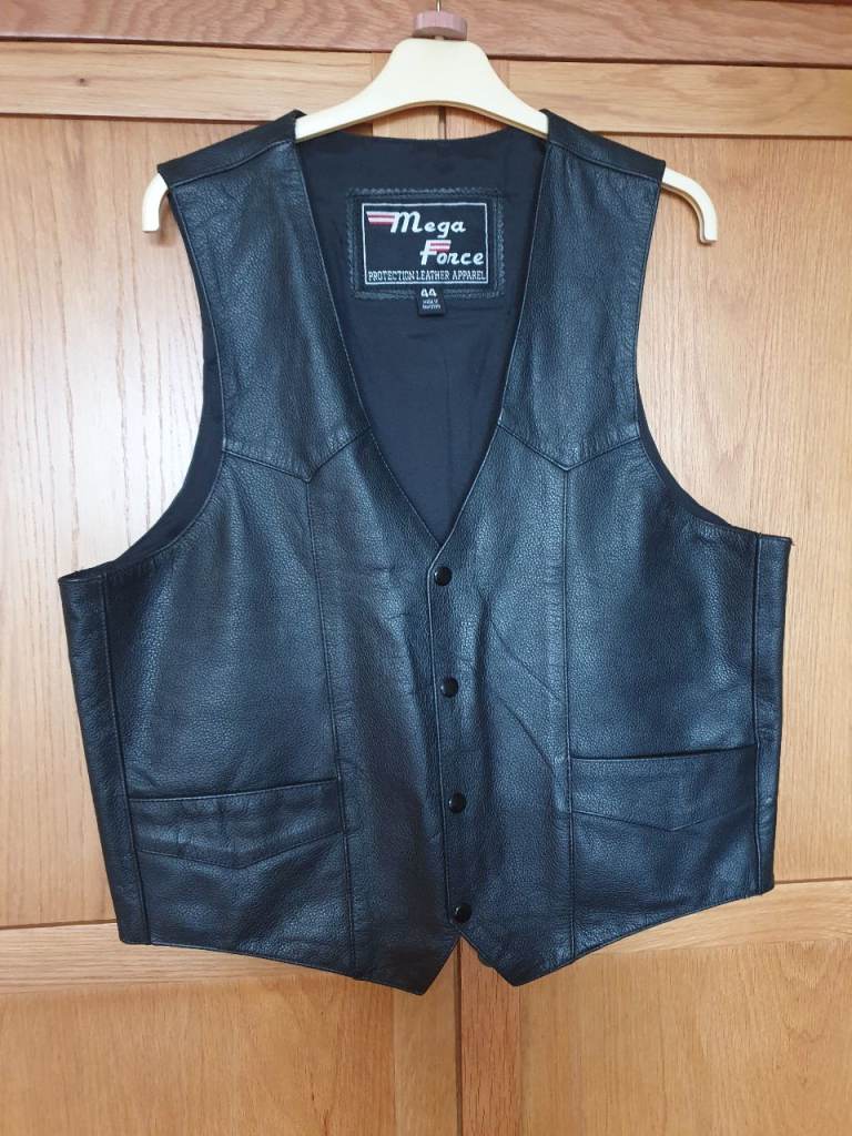 Vintage Men Biker MegaForce Motorcycle Black Leather Vest Size 44 UK