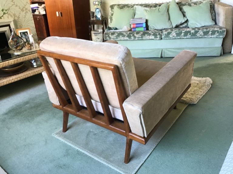 RARE MID CENTURY MODERN RAIL BACK DESIGNER ARMCHAIR