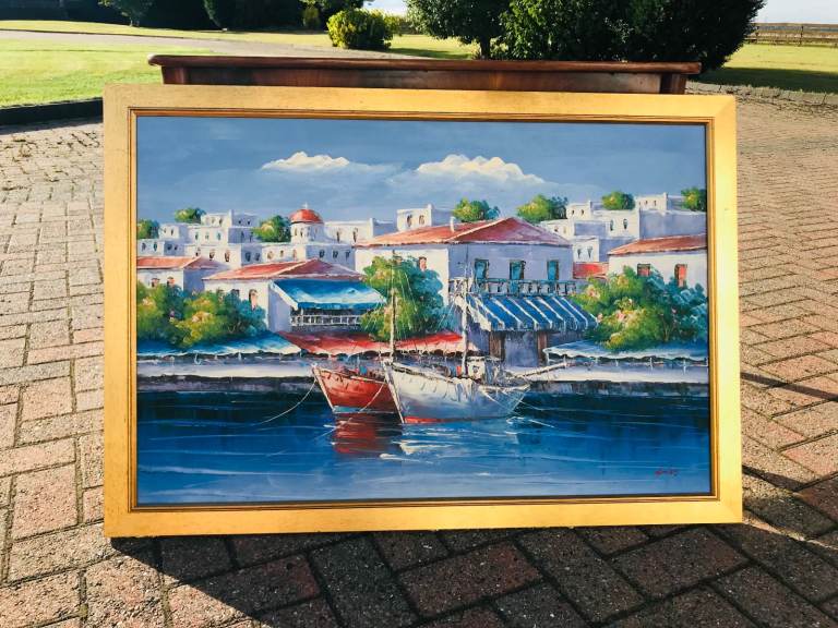 Mediterranean Harbour Scene – Signed Oil Painting (Nicolady) LARGE SIZE