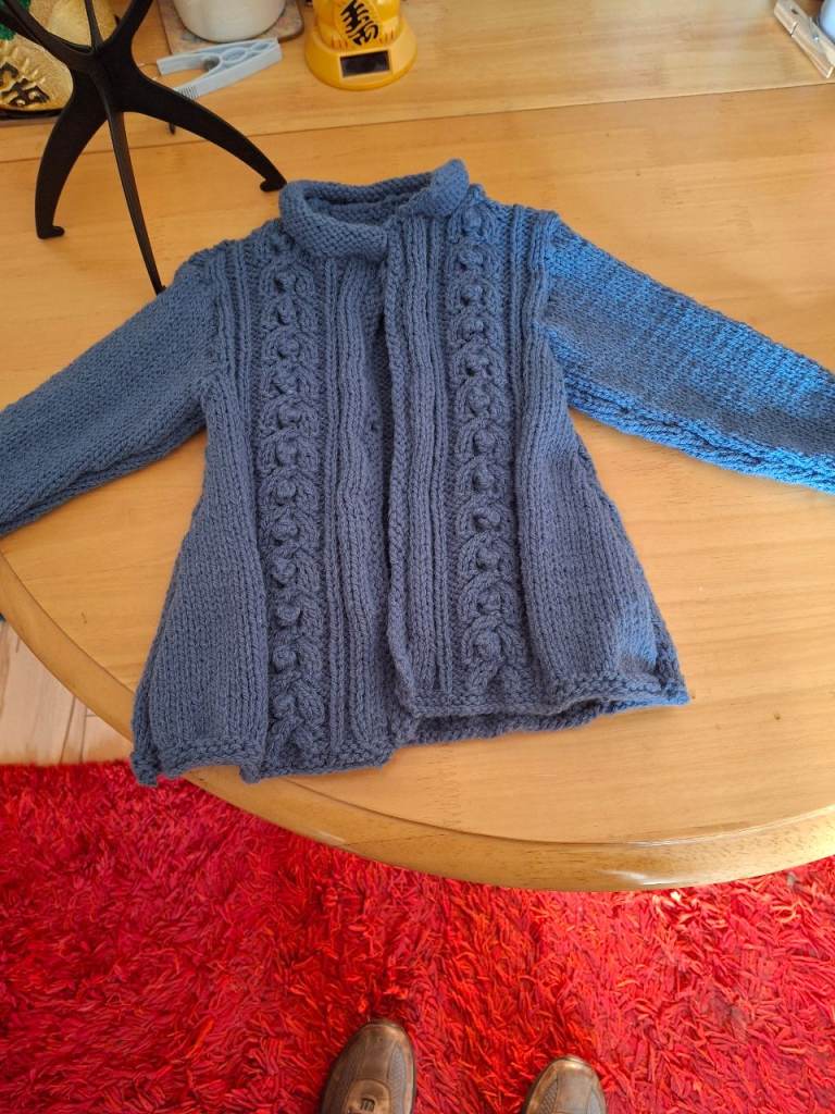 Hand-knitted Aran Blue Cardigan for 1-2 year old 