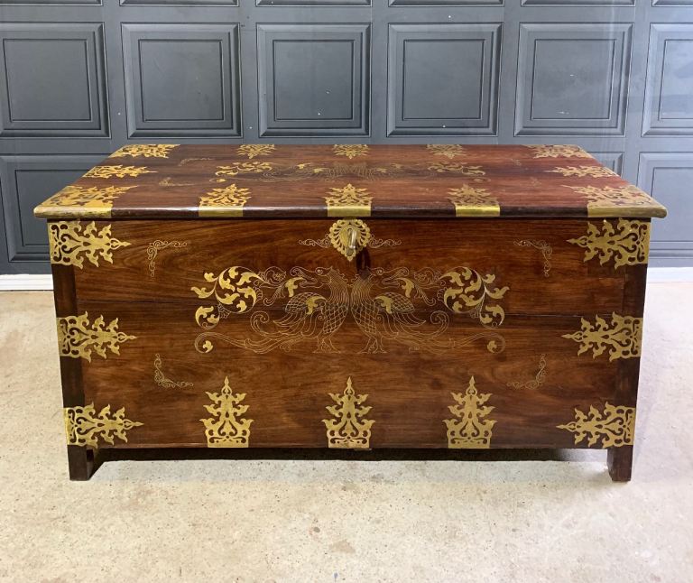 Anglo Indian Antique Style Solido I’m Rosewood & Brass Dowry Chest Blanket Box Storage Trunk