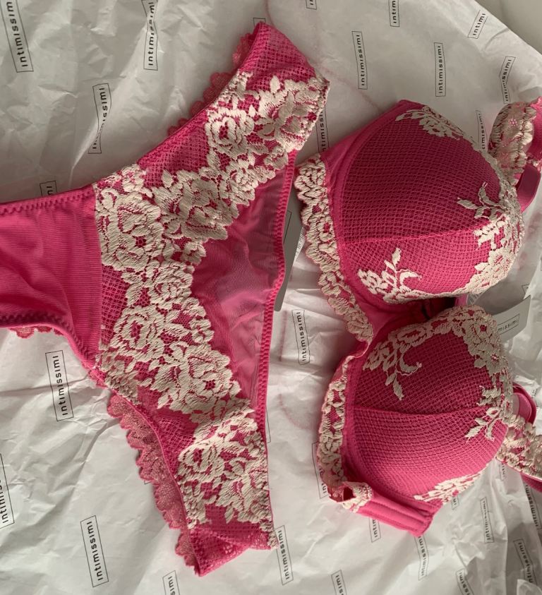 image for Intimissimi ladies rose pink & cream trim bra & knicker set size 34D 