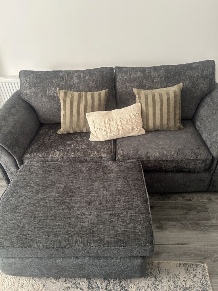 Comfortable Grey Fabric Sofa with Footstool – Good Condition