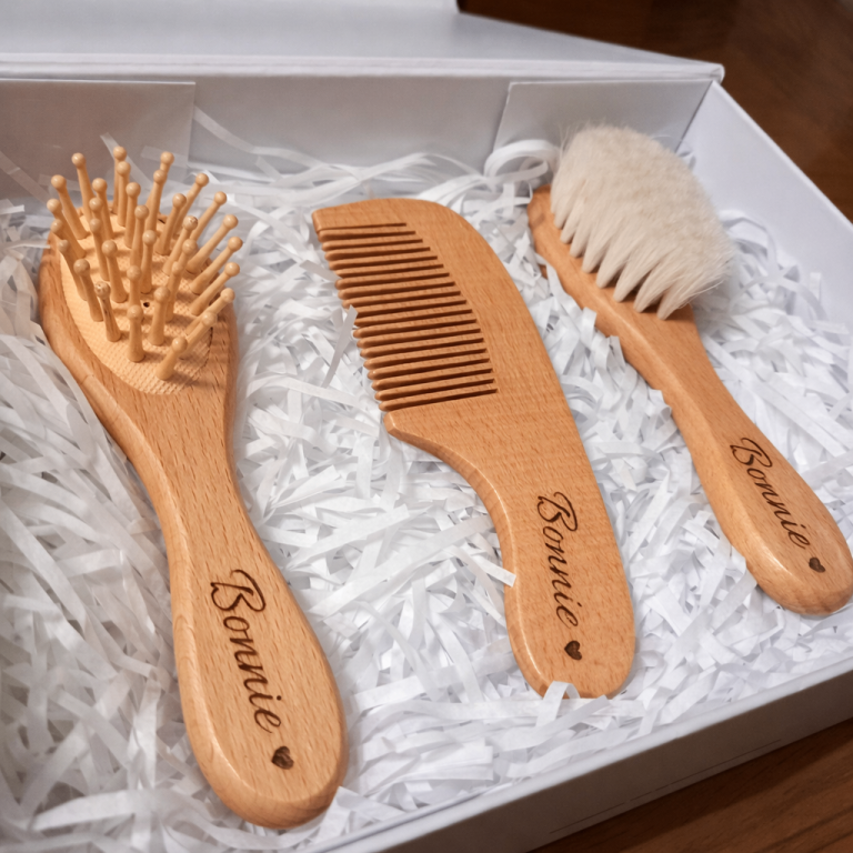 Personalised Baby Brush & Comb Set – Luxury Magnetic Gift Box – Newborn / Baby Shower Gift