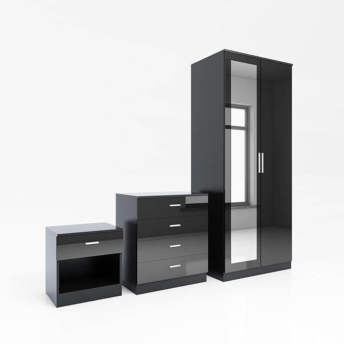 New Mirror Wardrobe 3-Piece Bedroom Furniture Suite In Black RRP £300 Our Price £224