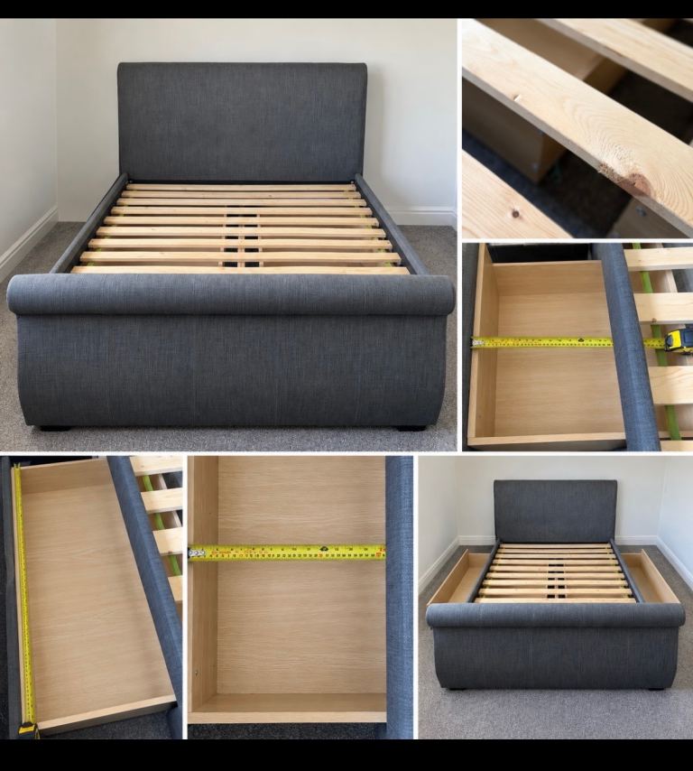 Double Grey Fabric Storage Bed – 2 Large Drawers – Excellent Condition