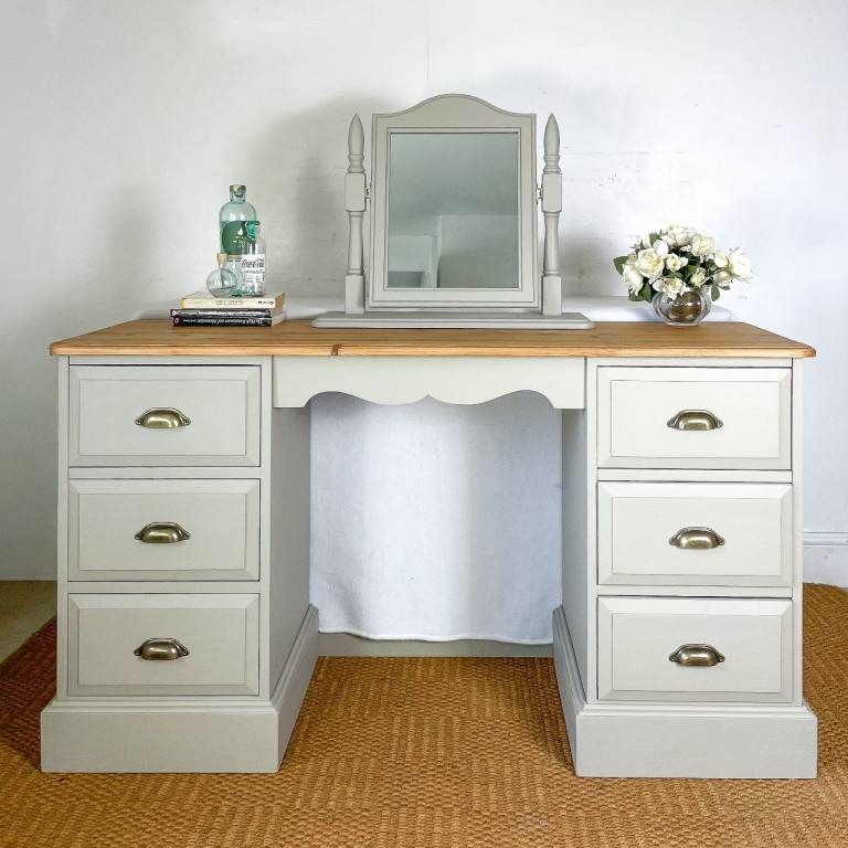 Solid pine double pedestal dressing table with drawers mirror hand painted cream grey