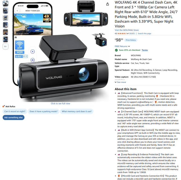 Brand New Sealed WOLFANG 4K 4-Channel Dash Cam - 42% Off!