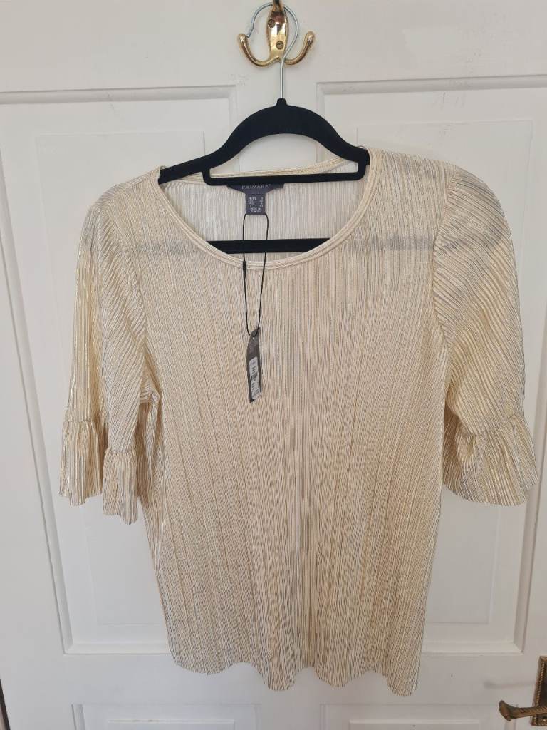 New Primark Beige/Gold Shimmer Pleated Top with Fluted Sleeves