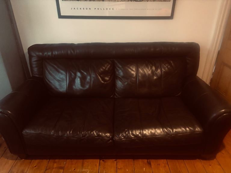 DFS Black Leather 3 seater, 2 seater and pouffee