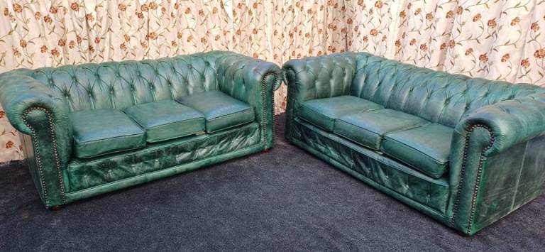 image for 2 green Chesterfield sofas