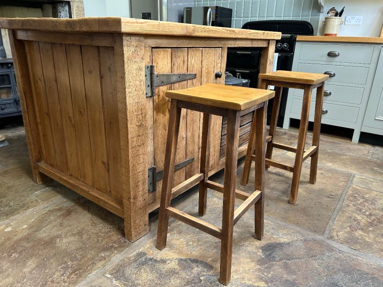 Set of 3 Solid Wooden Vintage Laboratory Stools