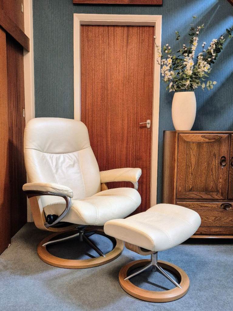 image for Stressless Consul Cream leather Signature chair + Footstool. Excellent Condition, As New