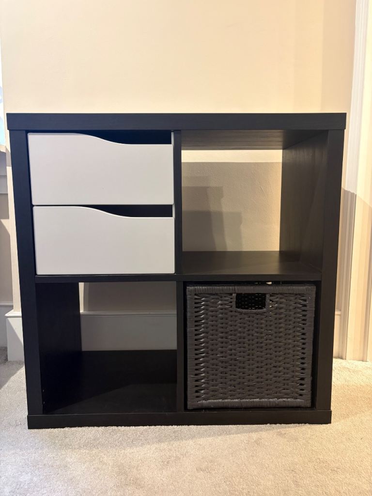IKEA KALLAX 4-Cube Storage Unit with Drawers and Basket