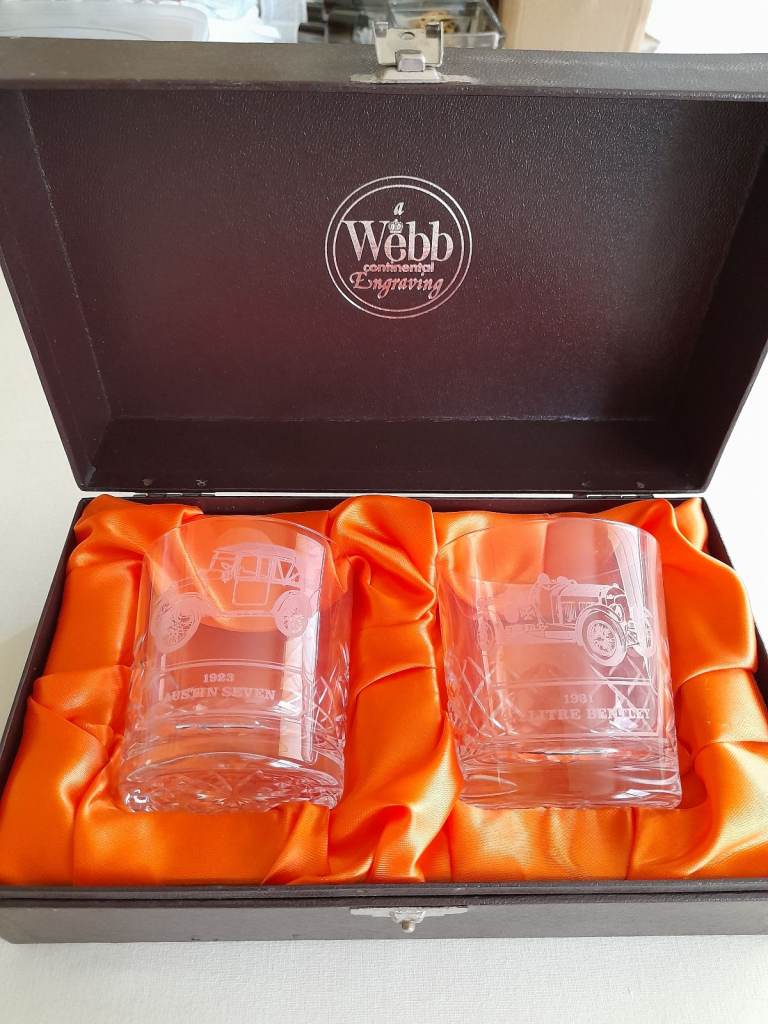 WEBB CONTINENTAL WHISKEY GLASSES (2) VINTAGE CAR ENGRAVINGS