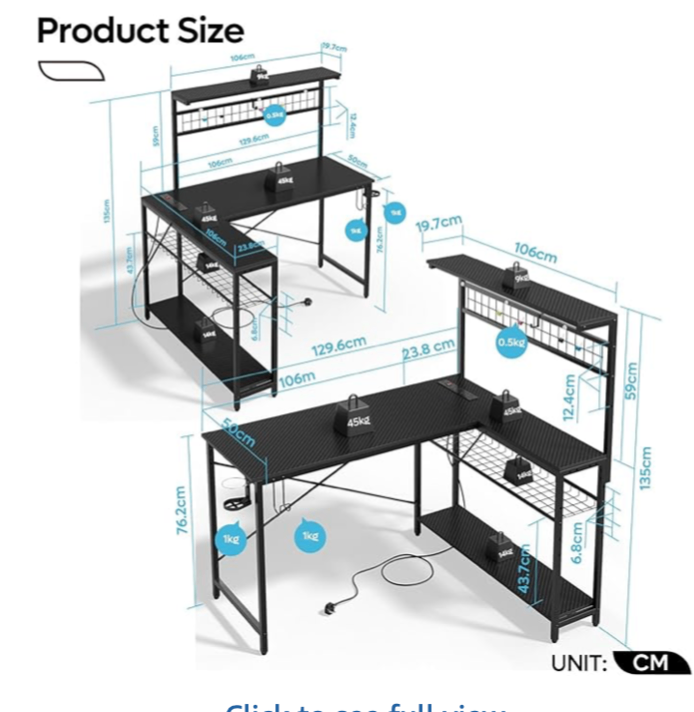 Bestier L-Shaped Desk with Power Outlets, LED Workstation with 4 shelfs- gamer
