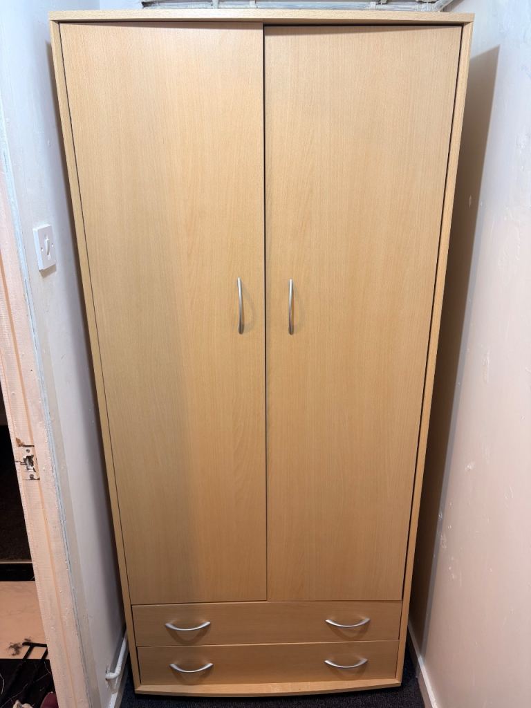 Light Wood Wardrobe with 2 Drawers – Good Condition