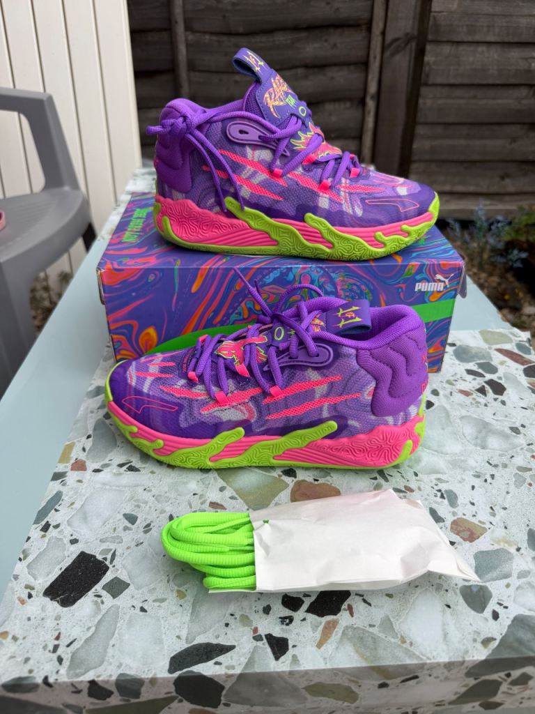 Puma MB.03 Toxic JR Basketball Shoes - Purple Glimmer Green Gecko, Junior UK 3