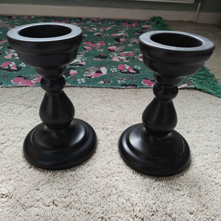 Pair of Black Wooden Candle Holders