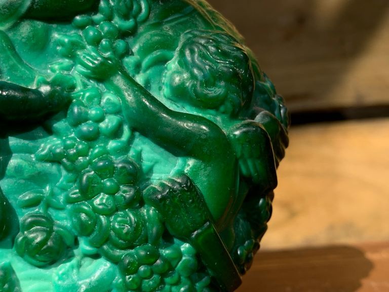Rare Antique Art Deco Malachite Glass Putti Perfume Scent Bottle
