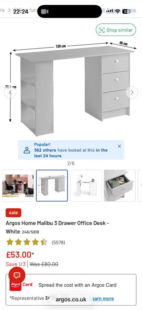 ARGOS WHITE STUDY DESK WITH SHELVES AND DRAWERS