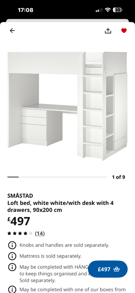 IKEA high sleeper single bed with desk, draws and wardrobe 