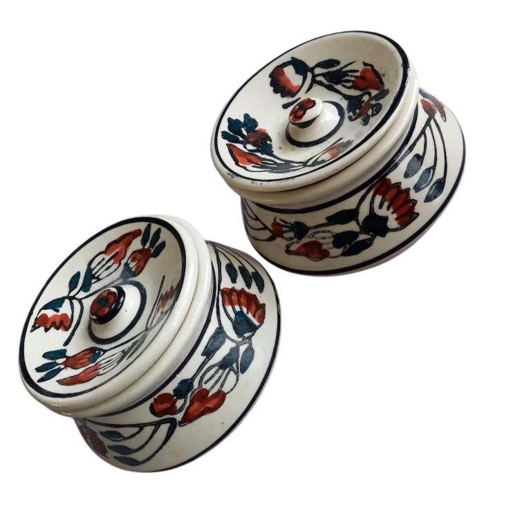 Indian ceramic pots bowl Small Serving pot with Lid Floral Indian Style Rare W4"
