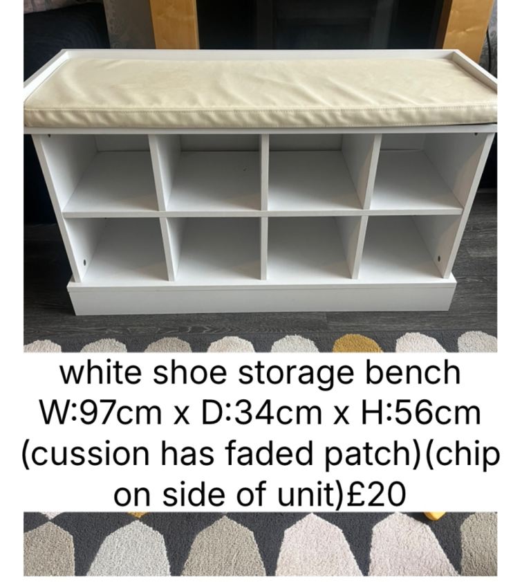 white shoe storage bench W:97cm x D:34cmx H:56cm (cussion has faded patch)(chip on side of unit)£20