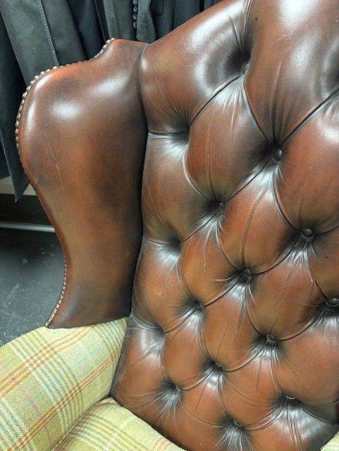 Ox blood Brown Queen Ann original wing back leather armchair  