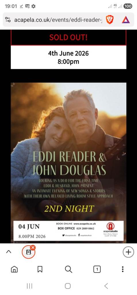 2 tickets available for Eddi Reader, at Acapella Studios Pentych 4th June 2026. 