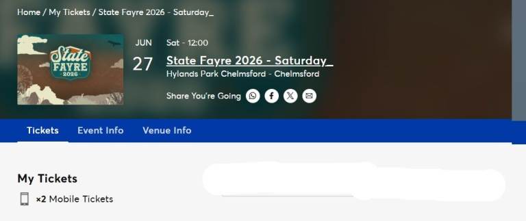 2 x Tickets State Fayre Chelmsford, Essex, Saturday, 27th June 12noon – Alanis Morissette & More 