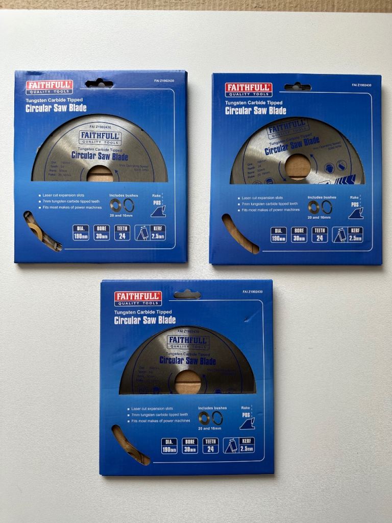 3 x FAITHFULL FAIZ1902430 190MM x 24T TCT CIRCULAR SAW BLADE