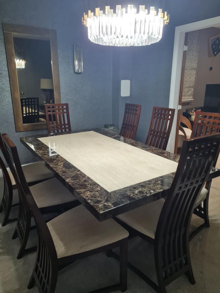 Large Dining Table and 8 Chairs – Marble Effect Top