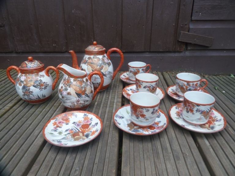 Vintage Japanese Tea set decorated with birds and flowers 