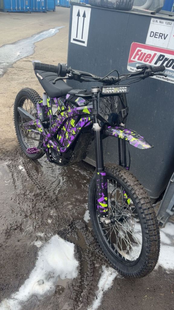 Electric Dirt Bike - Purple and Green Camo Wrap, Good Condition