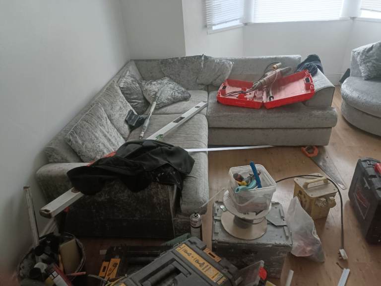 Grey Corner Sofa with Matching Swivel Chair – Good Condition