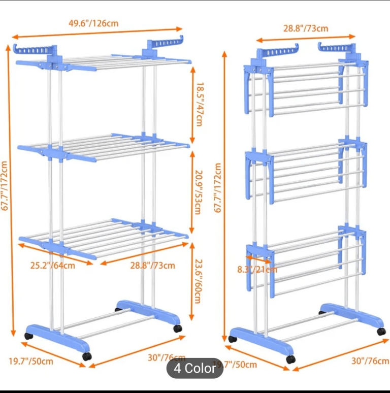 Blue Adjustable, foldable two tier clothes drying rack.