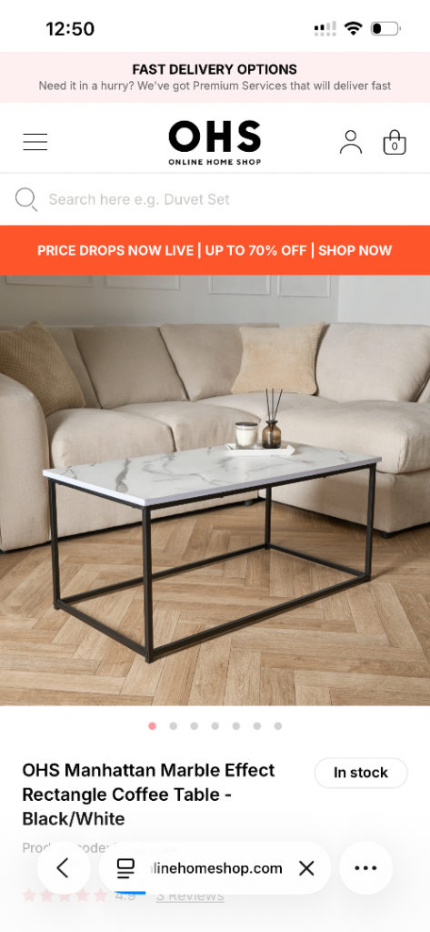 OHS Manhattan Marble Effect Rectangle Coffee Table - Black/White