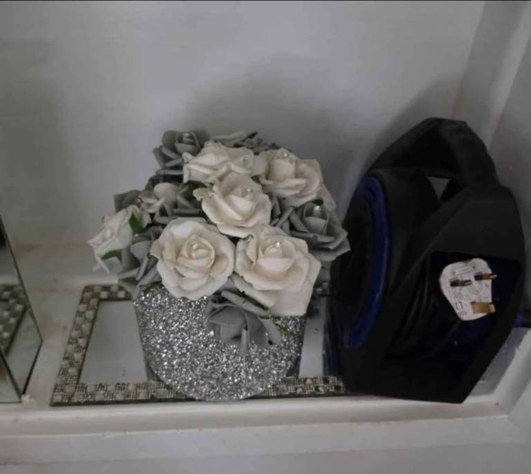 Decorative Grey and White Rose Arrangement in Glitter Pot