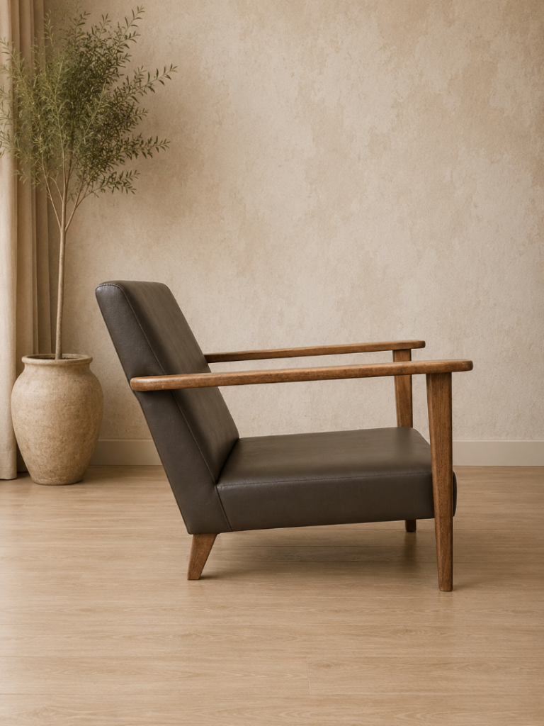 Mid Century Low Lounge Chair Walnut Frame Grey Upholstery 🚚