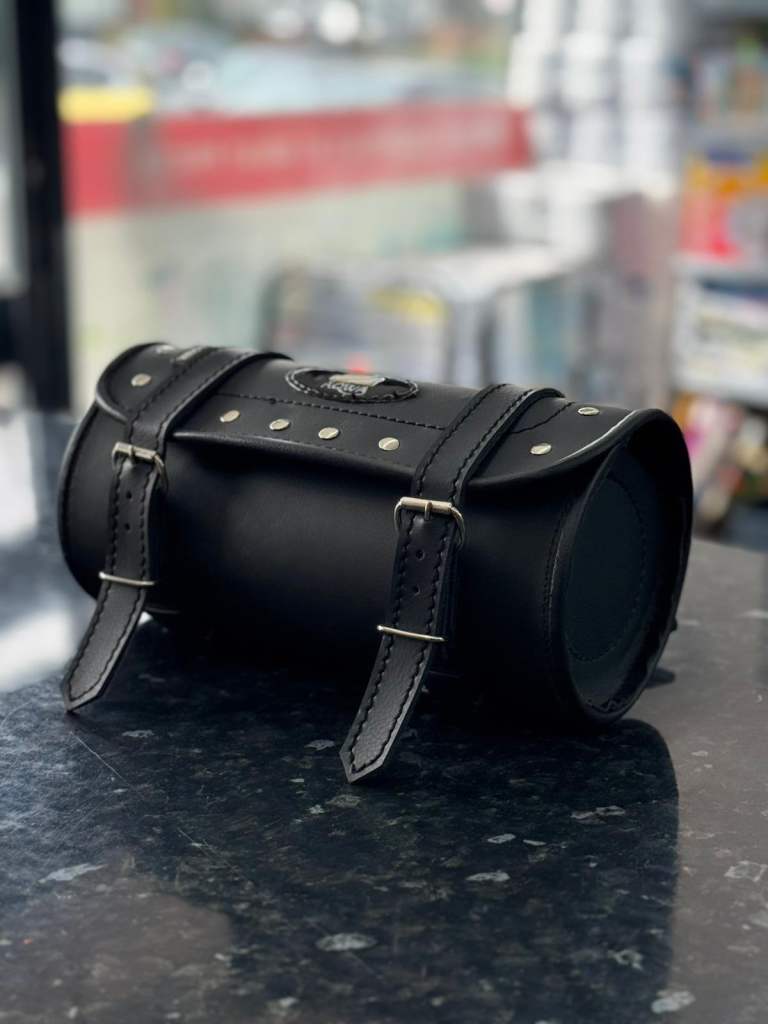 Motorcycle Tool Bag – Black Cylindrical Saddle Pouch with Studs & Buckle