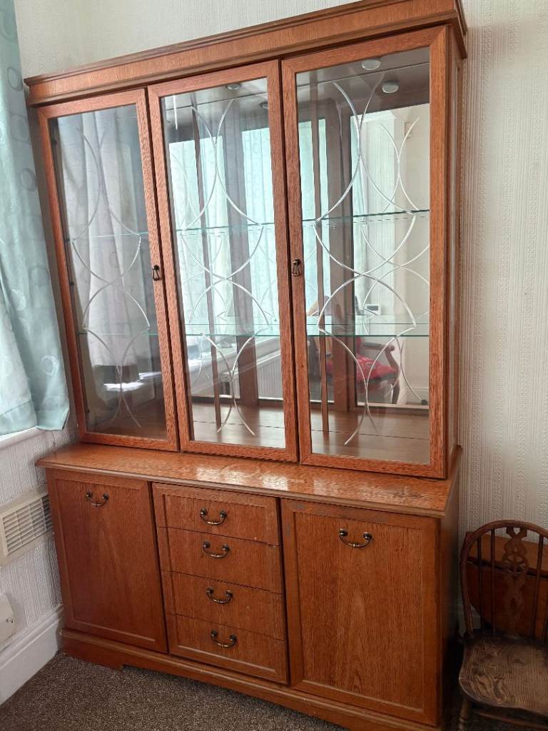 Wooden Display Cabinet with Glass Doors and Drawers