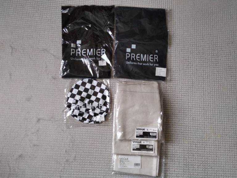 JOB LOT, PREMIER BRAND NEW SEALED CHEF TROUSERS, APRON, SKULL CAP, OVEN CLOTHS.