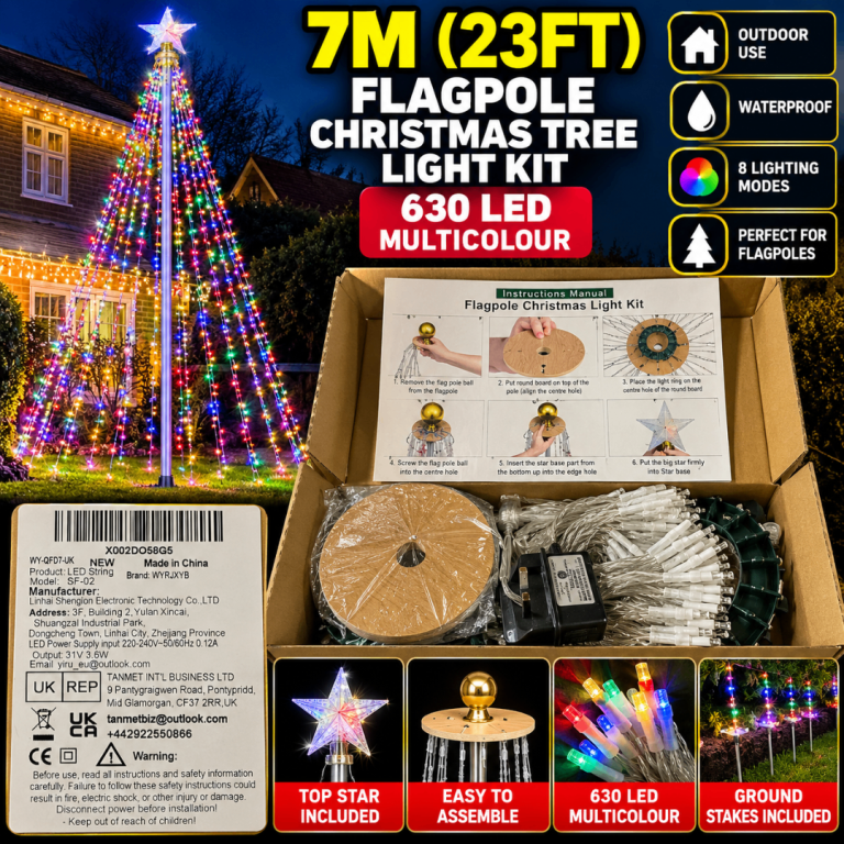 7M Multicolour Flagpole Christmas Tree Lights - 630 LED Kit, New
