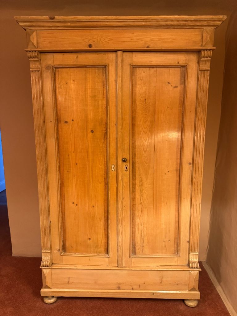 Antique pine, 2 door wardrobe with hanging rail and top shelf. Beautiful patina.