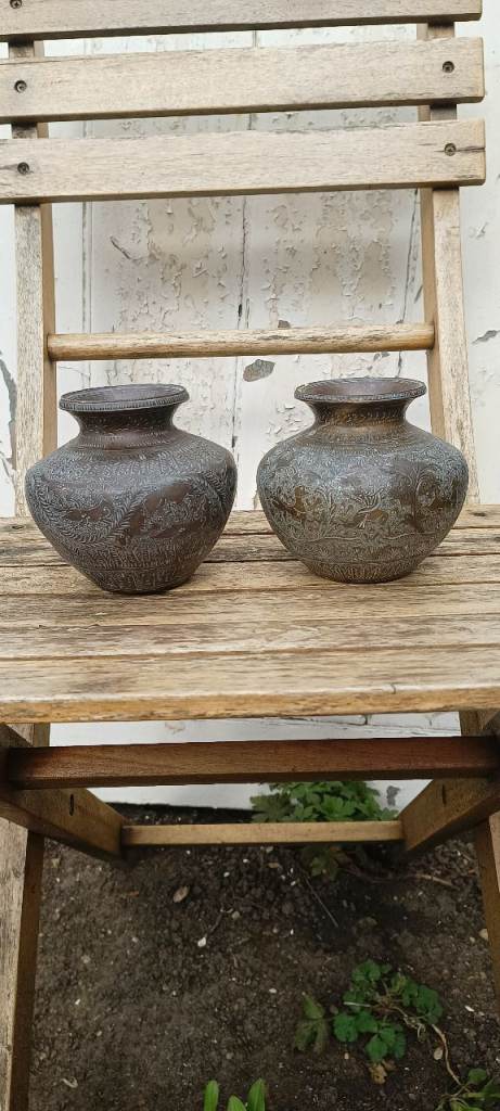 Brass & copper water pots Indian water pot Indian vase metal vase animals flowers engraved