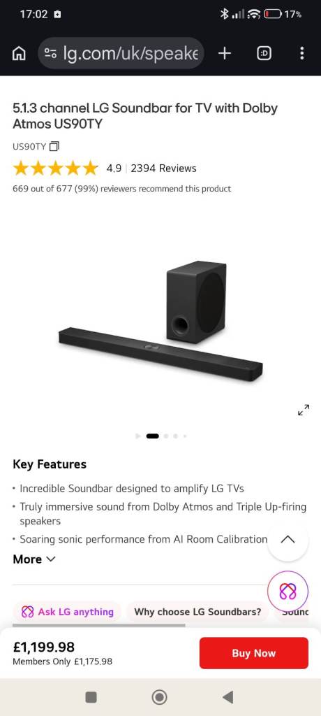 LG US90TY Soundbar & subwoofer with LG SPT8-s rear speakers