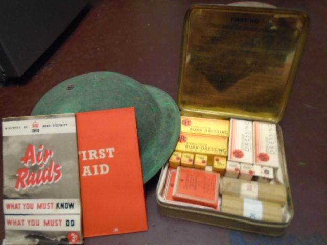 Vintage WWII Era Air Raid Helmet & First Aid Kit with Book